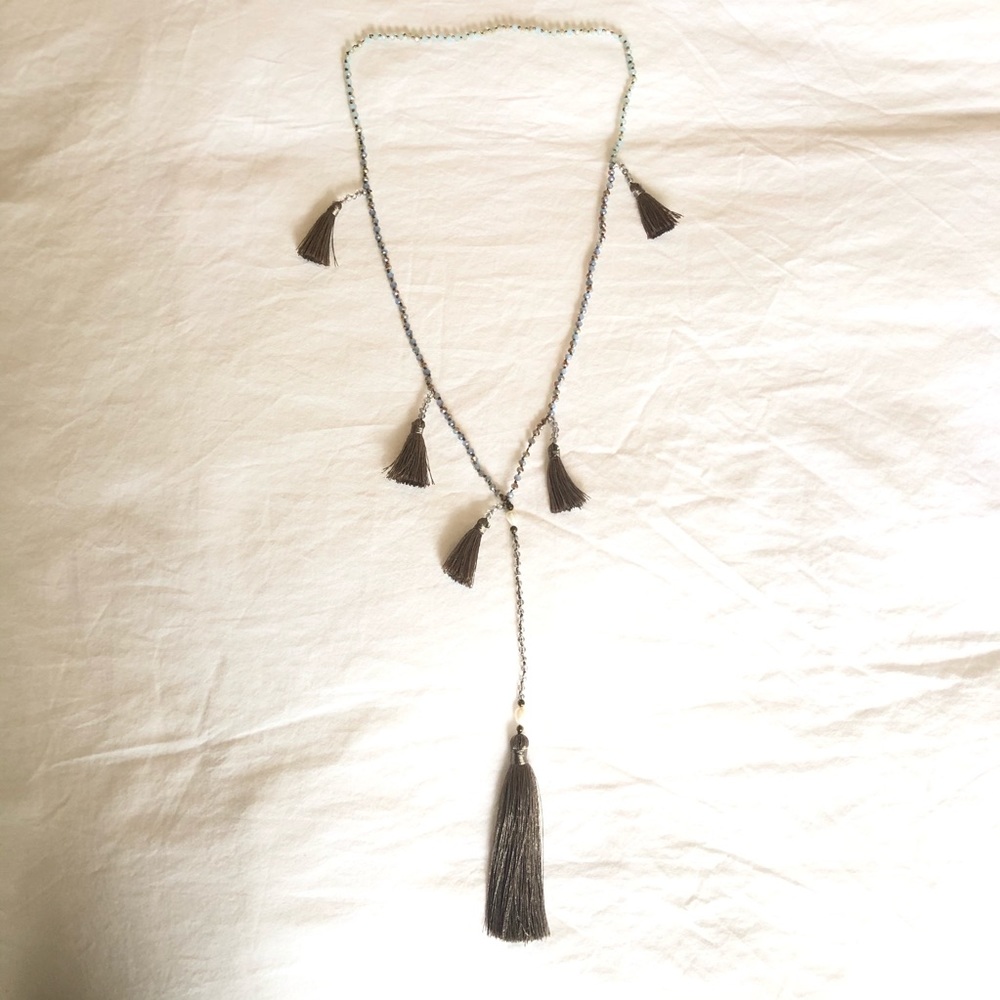 Boho Blue And Bronze Beaded Tassel Necklace